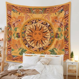 Shukqueen Burning Sun with constellation Tapestry Colorful Flowers Tapestries Floral Bohemian Psychedelic Tapestry Wall Hanging for Bedroom Dorm Decor Living Room - 59.1 x 78.7 inches(150x200 cm)