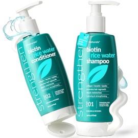 Biotin Rice - Juego de champú y acondicionador de agua de arroz, fórmula sin sulfato, botella doble, fabricado con colágeno, queratina y jojoba para promover la fuerza, el brillo y el crecimiento, 16