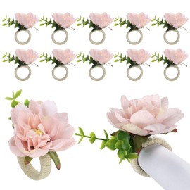 Fofetbfo Pink Flower Napkin Rings Set of 12 Silk Flower Napkin Holder with Green Leaves Wedding Napkin Holder Buckles for Wedding Birthday Party Dinner Tables Decor