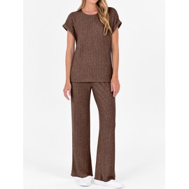 ANRABESS Lounge Sets For Women Fall Ribbed Knit 2 Piece Pajama Sets Casual Short Sleeve Top and Long Pants Matching Outfits Brown Large