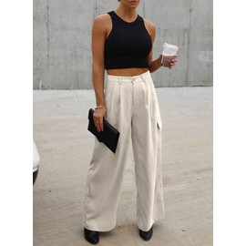 Dokotoo Work Pants Women Women's Pants Wide Leg Dress Pants Plus Size Pants Palazzo Business Casual High Waisted Slacks Pants for Women Trendy 2024 Fall Outfits Teacher Fashion Clothes Pockets Beige