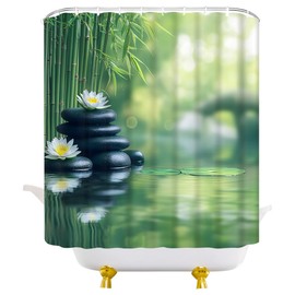 JEJOMEAG Zen Garden Spa Shower Curtain Green Bamboo Black Zen Stone Flowers Meditation Relaxing Fabric Bathroom Decor Curtain with Hooks, 70Wx70H