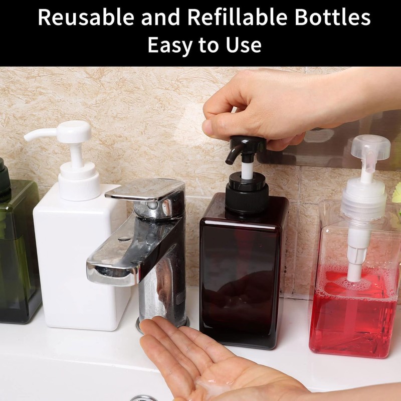 450ml (15.2oz) Pump Bottle Dispenser Jansburg 2Pack Refillable Square Plastic