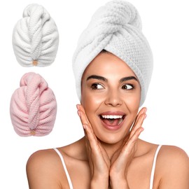 YFONG YFONG 2 Pack Microfiber Hair Towel Wrap for Women, Super Absorbent Quick Dry Hair Turban for All Hair Style Anti Frizz, Large Hair Drying Towel with Button