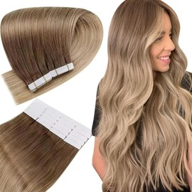 Easyouth Ombre Tape in Hair Extensions Real Hair Tape in Extensions Balayage Brown to Blonde Tape in Human Hair Extensions Tape in 14 Inch 40g 20Pcs