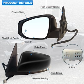 Paderson Left Driver side Mirror Assembly Fits 2016-2024 Toyota Tacoma With Power Glass, Heated, Turn Signal Blind Spot Detection Manual Folding Match to Black Replace TO1320350(8Pins)