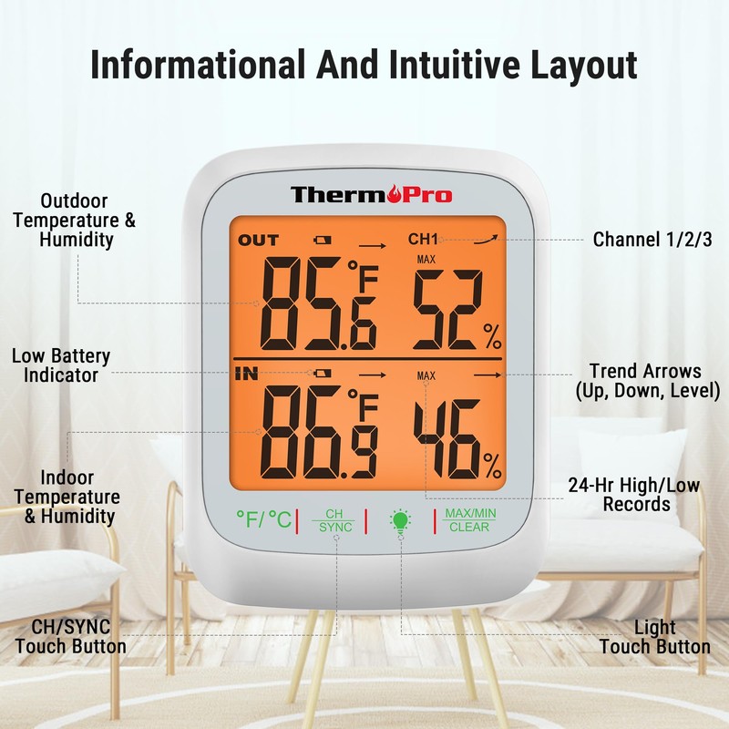 ThermoPro TP260B Indoor Outdoor Thermometer Wireless 1000ft/300m Range, Pro Accuracy