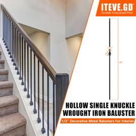 ITEVE.GD Wrought Iron Balusters - 10Pack - Hollow Single Knuckle Iron Spindles, Decorative Metal Balusters for Decks, 1/2 Inch Square Baslusters for Staircase Interior (Satin Black) - GD06…