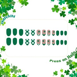 IMRAIN St. Patrick's Day Press on Nails Green French Tips Fake Nails with Cute Clover & Check Designs Short Oval Acrylic False Nails Full Cover Round Glossy Glue on Nails for Women Girls 24Pcs
