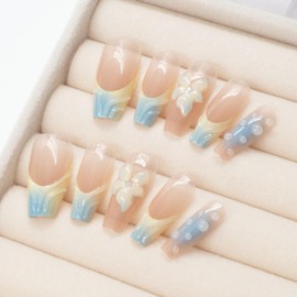 24Pcs Spring Summer Long Press on Nails Coffin French Tip Fake Nails 3D Texture Flower Press ons Yellow Blue Ombre Acrylic Nails Embossed Glue on Nails Glossy Full Cover Stick on Nails for Women