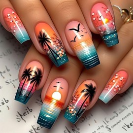LBPEPAMZ 24Pcs Coconut Tree Press on Nails Medium Square Coffin Fake Nails with Seagull Sunset Design Long Ballet Style Summer Acrylic Nails False Nails Summer Ombre French Tip Glue on Nails for Women
