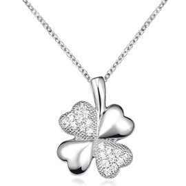 Materia Women's Clover Pendant 925 Silver - Talisman Lucky Charm with Chain and Zirconia White Rhodium Plated in Case, Sterling Silver, Cubic Zirconia