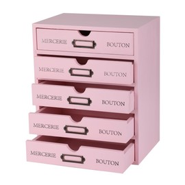 BoxSkivra Wooden Storage Box with 5 Drawers Apothecary Vintage Wood Desktop Organizer Countertop Library Card Catalog Cabinet (Pink)