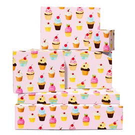 Pink Wrapping Paper - Cupcake Pattern - 6 Sheets of Wrapping Paper For Girls - Birthday, Wedding, Baby Shower - With Stickers - From Central 23
