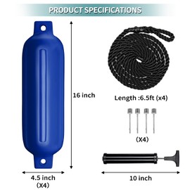 Sailortenx Boat Fenders 4 Pack 4.5x16'' Inflatable Ribbed Marine Boat Fender Lines 6.5' Needles Pump for Boat Bumpers Fender for Docking Fenders Blue…