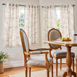 jinchan Floral Kitchen Curtains 54 Inch Linen Tier Curtains Farmhouse Cafe Half Window Drapes for Small Windows Light Filtering Taupe on Beige for Living Room Bathroom Back Tab 2 Panels