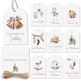 AUDREE 50 Pcs Christmas Gift Tags with String - Cozy Holiday Gift Tags for Xmas Presents - Christmas Name Tags for Gifts - Hanging Labels Decoration Xmas Winter Holiday Present DIY Crafts