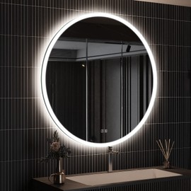 ROOMTEC 32" Round LED Bathroom Mirror, Wall-Mounted, 3-Color Dimmable, IP54 Waterproof, Smart Touch, Anti-Fog Vanity Makeup White