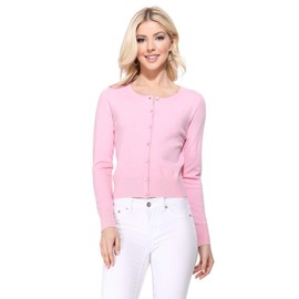 YEMAK Women's Cropped Cardigan Sweater – Long Sleeve Crewneck Basic Classic Casual Button Down Knit Soft Lightweight Top MK5502-Light Pink-XL