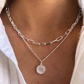 Crymystal Layered Moonstone Pendant Necklace Gold Layered Chain Necklace Vintage Moonstone Necklace Charm Natural Stone Necklace Gift for Girls, Zinc Metal