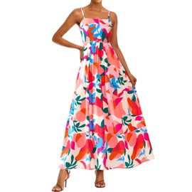 PRETTYGARDEN Summer Dresses for Women 2025 Beach Maxi Dress Spaghetti Strap Floral Boho A Line Wedding Guest Flowy Long Dress(Floral Beige Multicolored,X-Large)