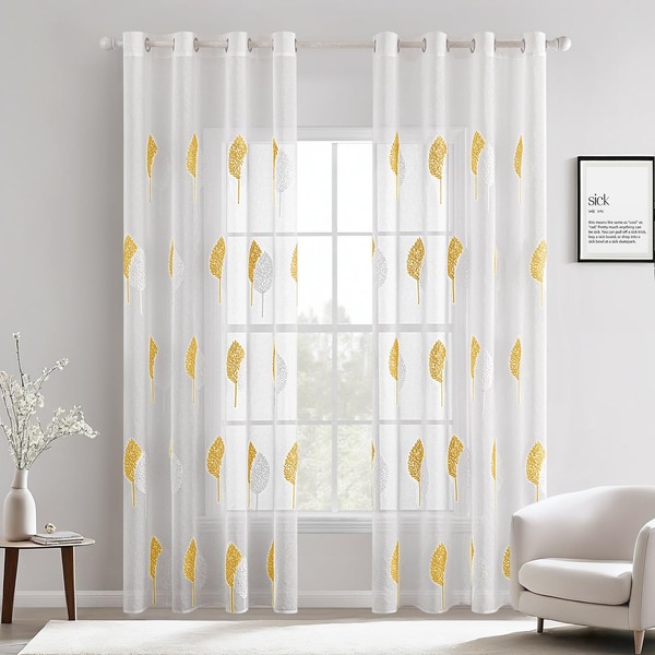 MIULEE Curtains with Yellow and White Leaves Pattern, Embroidery Curtain