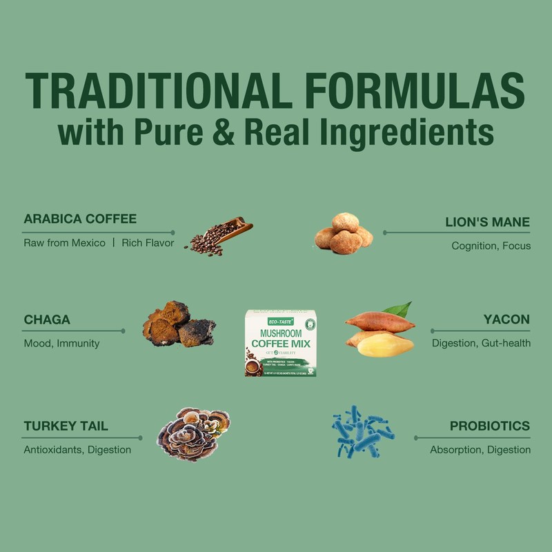 ECO-TASTE Mushroom Coffee Mix, Designed for Gut-Health with Chaga, Lion's