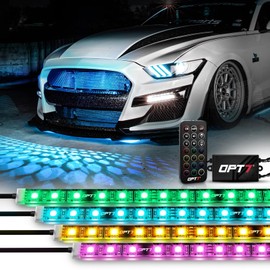 OPT7 Aura 4PCS RGB LED Grille Lights with Remote Control, 12 inches Waterproof LED Strip Lights, Multicolor, Dimmer, Fade, Cycle, Strobe, Peel'n'Stick Front Grill Valence, Car Truck SUV Decorations