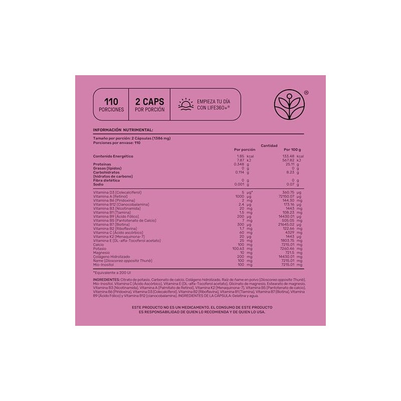 Life 360 Multivitamínico Colágeno Inositol Calcio Vitamina B12 220 Cápsulas