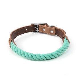 Mile High Life Rope Dog Collar | Durable Braided Cotton Rope Collars | Genuine Leather Dog Collar w Metal Pin Buckle | Classic Puppy Collars for Medium Dog (Green)
