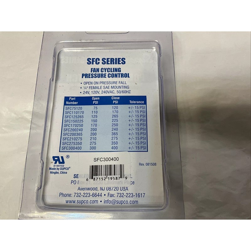 Supco SFC300400 Fan Cycle Switch, 300 Psi Op, 400 Psi