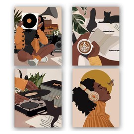 Black Girl Wall Art Bathroom Decor,Modern Minimalist Black Woman Leaf Art Painting,Black Girl Wall Decor,Black girl art prints,African American Wall Art,Bedroom | Living Room | Office Decor,total 4pcs( 8X10,No Frame