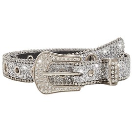 Womens Vintage Rhinestone Belt Western Cowgirls Style Sequin Diamond Bling Belts for Jeans Dress Pants, Silver-(1.1"width), Fit for 28-37" waist