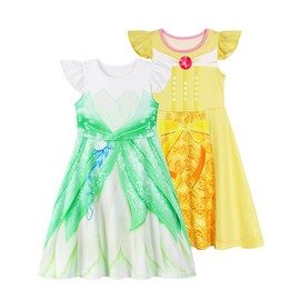 Jurebecia Girls Nightgowns Princess Tiana Belle Nightdress 2-Pack Flutter Sleeves Pajamas for Kids Girls Sleepwear Nighties Dress 5-6 Years