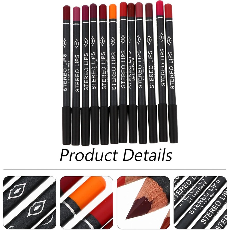 12 Piezas Delineador de Labios 12 Colores, Lápiz de Madera
