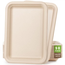 Gezond 50 Pack 14 Inch Disposable Food Trays Eco-friendly Heavy-Duty Large Paper Plates Compostable Sugarcane Platters for Crawfish Lobster Seafood Party Natural