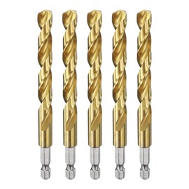 sourcing map 5pcs 1/4" Hex Shank Drill Bit 3/8" Gold Titanium M2 High Speed Steel Twist Drill Bit 135 Degree Split Point Tip Drilling Tool with Quick Change Hex Shank for Metal Wood Plastic