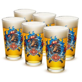 Erazor Bits Firefighter Fireman - First In last out - Classic Premium Beer Pint Glasses 16 Ounce - Set of 12 - Highball Cocktail Mixing Glass - Perfect for Cold Beverages - With Logo