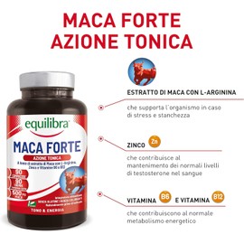 Equilibra Integratori Alimentari, Maca Forte, Tono e Vigore Fisico, Altodosato a Base di Estratto di Radice di Maca Peruviana 500 mg, L-Arginina, Zinco, Vitamine B6 e B12, 90 Compresse