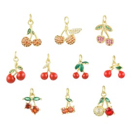 Airssory 10 pcs 10 Styles Lovely Cherry Shaped Brass Cubic Zirconia Charms Fruit Food Real 18K Gold Plated Charms for DIY Jewellery Bracelet Necklace Earring Craft Bag Decor