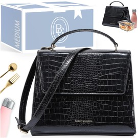 BEAUTYGOODIES Beauty Goodies Stylish Black Croc Lunch Bag for Women, Medium, Black Cute Insulated Lunch Box, Professional and Chic Lunch Bag for Working Women, Teacher, Nurses, a Great Gift!