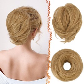 BARSDAR Straight Hair Bun Extensions - Straight Synthetic Fully Short Ponytail Hair Bun Extensions for Women - Elastic Hair Bun Scrunchies Hairpieces Daily - Caramel Blonde Mixed