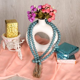 Light & Pro Farmhouse Rustic Wooden Beads Garland with Natural Jute Tassels - Decorative Country Style Prayer Boho Wall Hanging Garland for Easter Christmas New Year Everyday Décor - 58 Inch- Teal