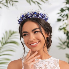 IYOU Baroque Queen Crown Headband Royal Blue Crystal Wedding Crowns Tiara Rhinestone Prom Costume Festival Bridal Hair Accessories for Women