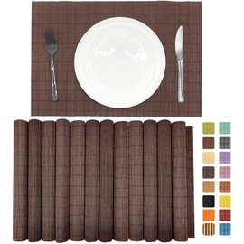 ANDSTAR Set of 12 Pcs Bamboo Placemats Natural Anti-Slip Bamboo Placemats Washable Heat-Resistant Table Mats for Dining Room and Kitchen(Chocolate)