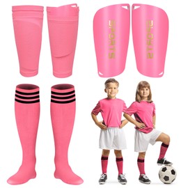 Soccer Shin Guards Soccer Shin Pads Set with Shin Sleeves and Long Soccer Socks Optimized Insert Pocket Protective Soccer Lightweight Soccer Equipment for Boys Girls Men Soccer Game(Pink)