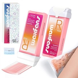 Rose Wax Roller Refill for Hair Removal.Roll On Wax Refill,100% Natural Wax Cartridge Refill,Quick Melting - For Coarse and Fine Hairs.with 2 Honey Wax Rollers, 50 Waxing Strips,5 Clean Oil