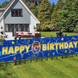 Zliisang Blue Light Birthday Party Outdoor Banner Decorations 9.8 x1.6 ft Golden Rings Yard Sign for Birthday Party Decor