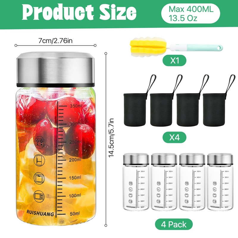 Elesunory 4 Pack Glass Juice Bottles Wide Mouth Shaker Bottles