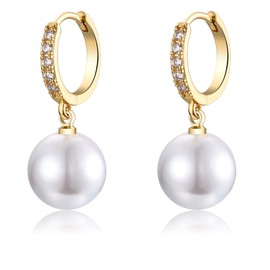 EPIRORA Sterling Silver Simulated Shell Pearl Hoop Earrings Cubic Zirconia Dangle Drop Earrings Jewelry for Women 10mm, Gold (Round)
